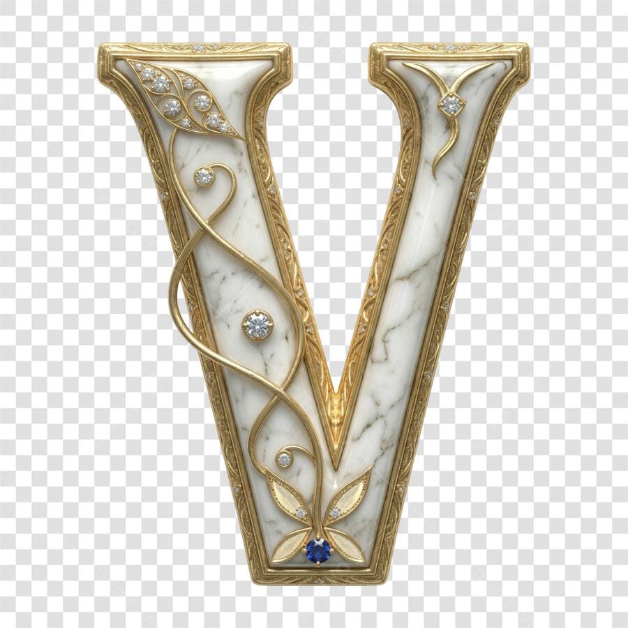 Elemento 3D Letra V Mármore Dourado Diamantes PNG Fundo Transparente