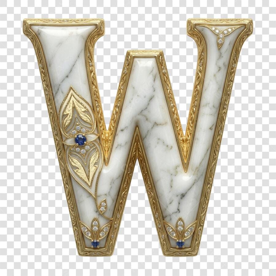 Elemento 3D Letra W Mármore Dourado Joias PNG Fundo Transparente