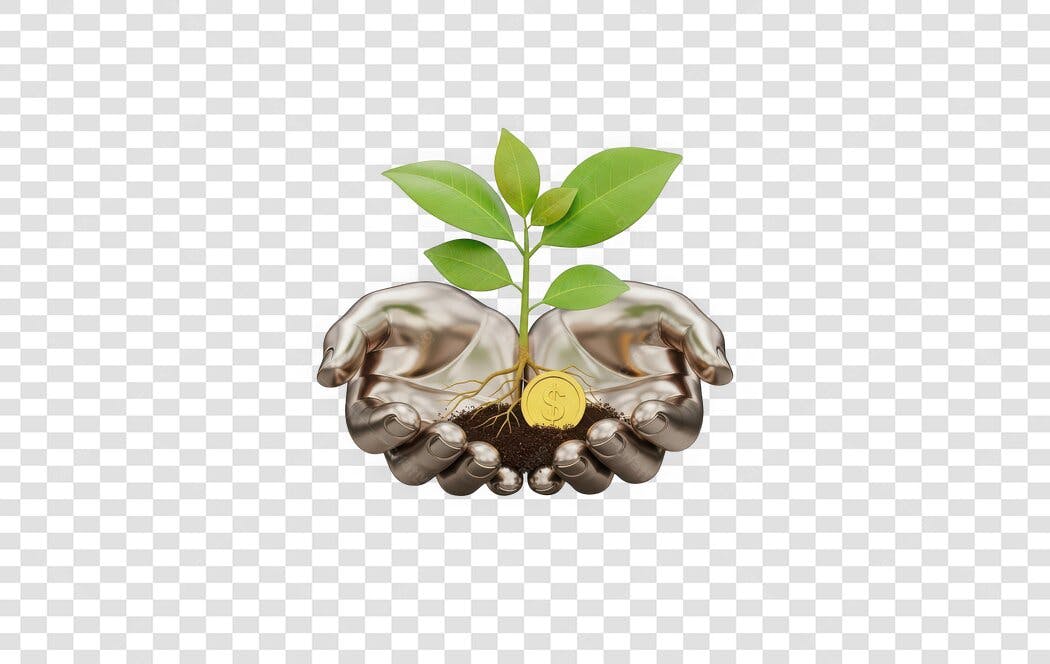 Elemento 3D Mãos Segurando Planta Moeda Crescimento PNG Fundo Transparente