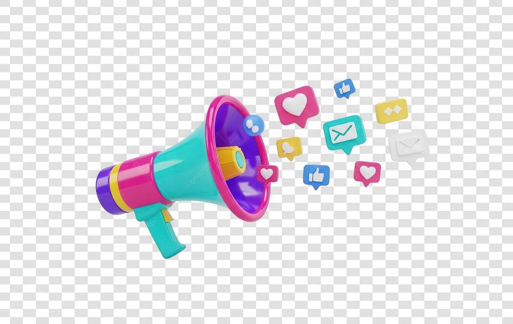 Elemento 3D Megafone Marketing Digital Ícones Mídias Sociais PNG Fundo Transparente