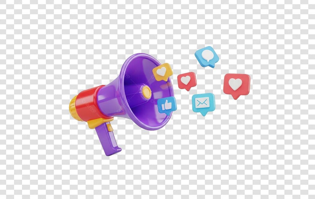 Elemento 3D Megafone Marketing Digital Ícones Mídias Sociais PNG Fundo Transparente