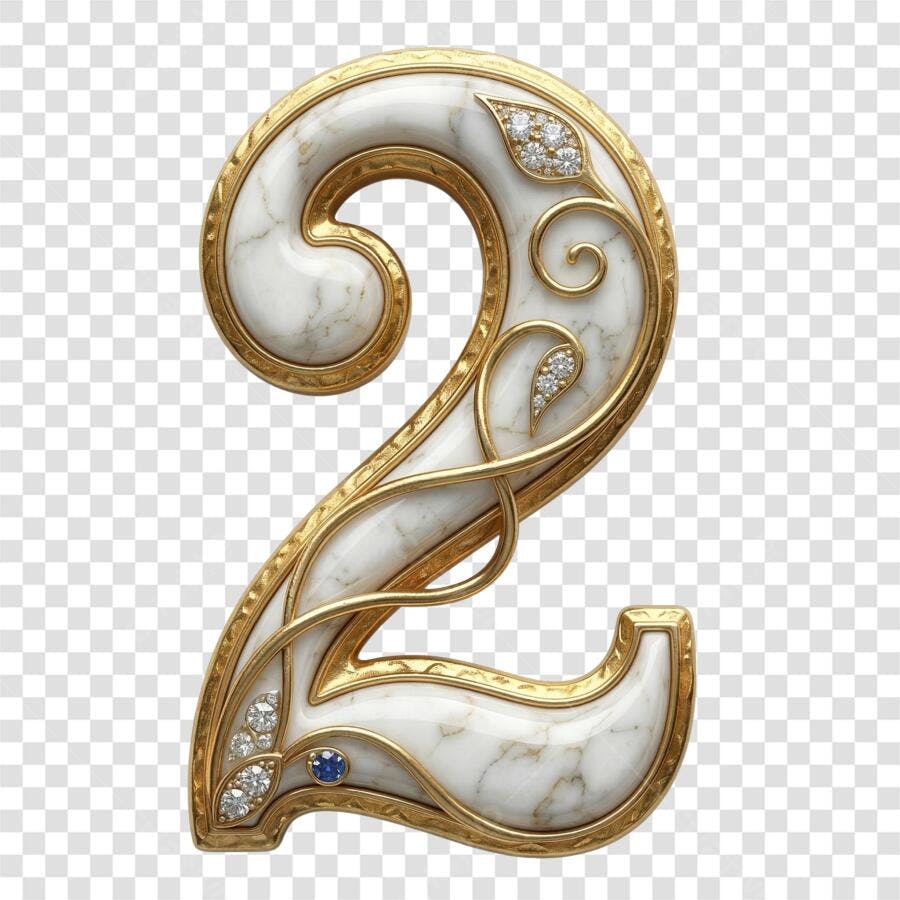 Elemento 3D Número 2 Mármore Dourado Diamantes PNG Fundo Transparente
