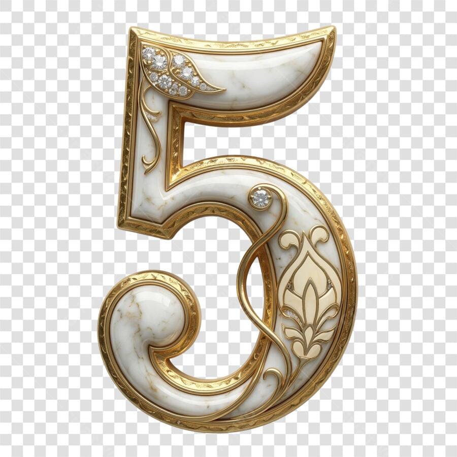 Elemento 3D Número 5 Mármore Dourado Diamantes PNG Fundo Transparente