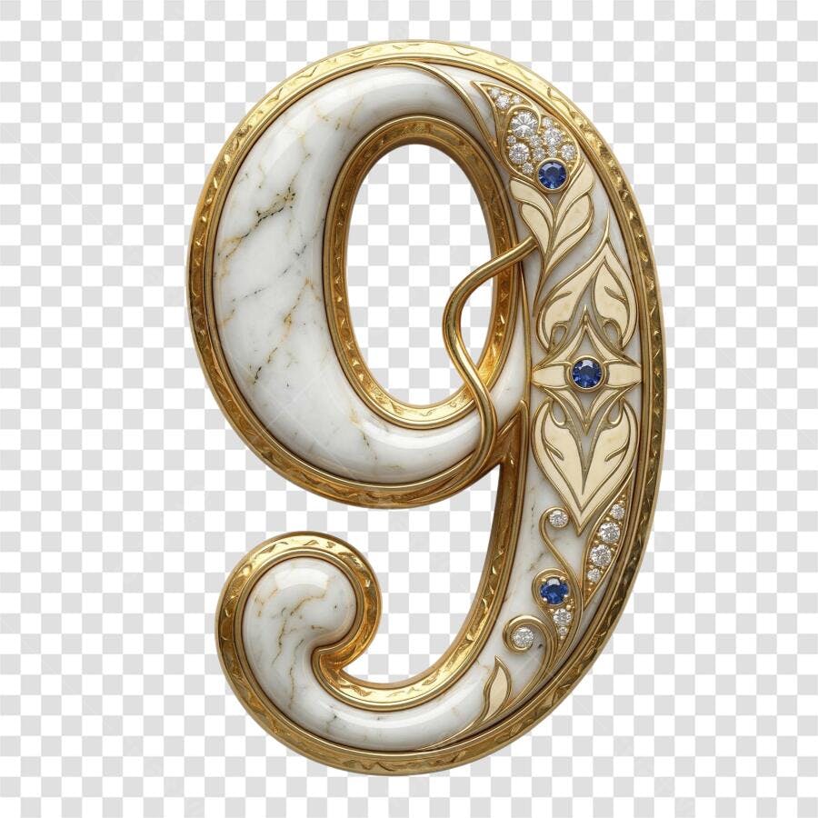 Elemento 3D Número 9 Dourado Mármore Joias PNG Fundo Transparente