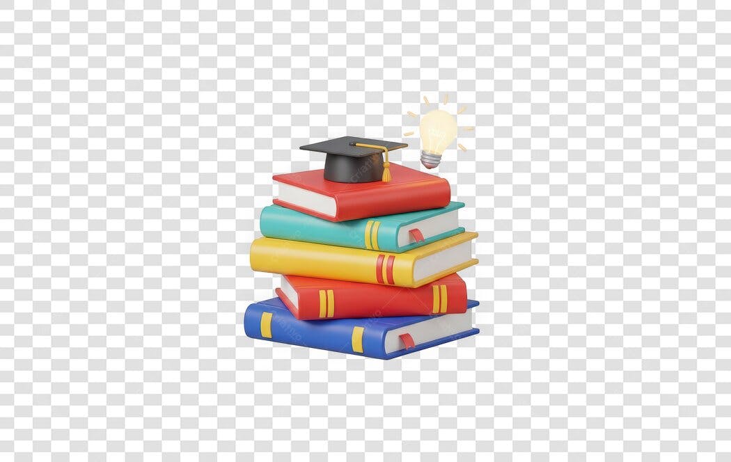 Elemento 3D Pilha de Livros e Capelo Educação PNG Fundo Transparente