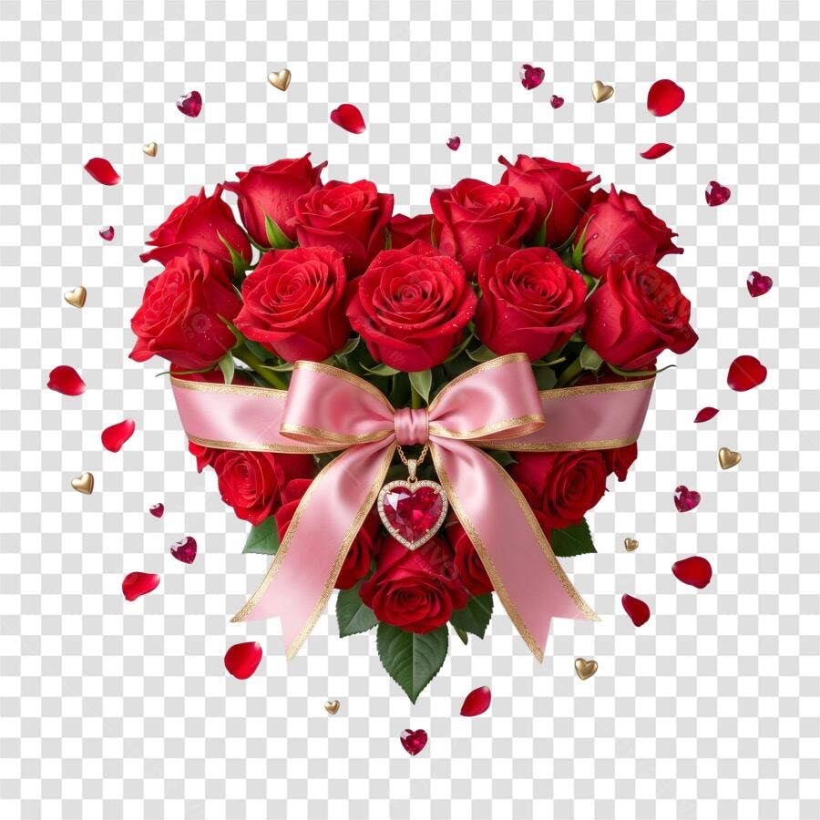 Foto Recortada Buquê Rosas Vermelhas Coração Dia dos Namorados Junho PNG Fundo Transparente