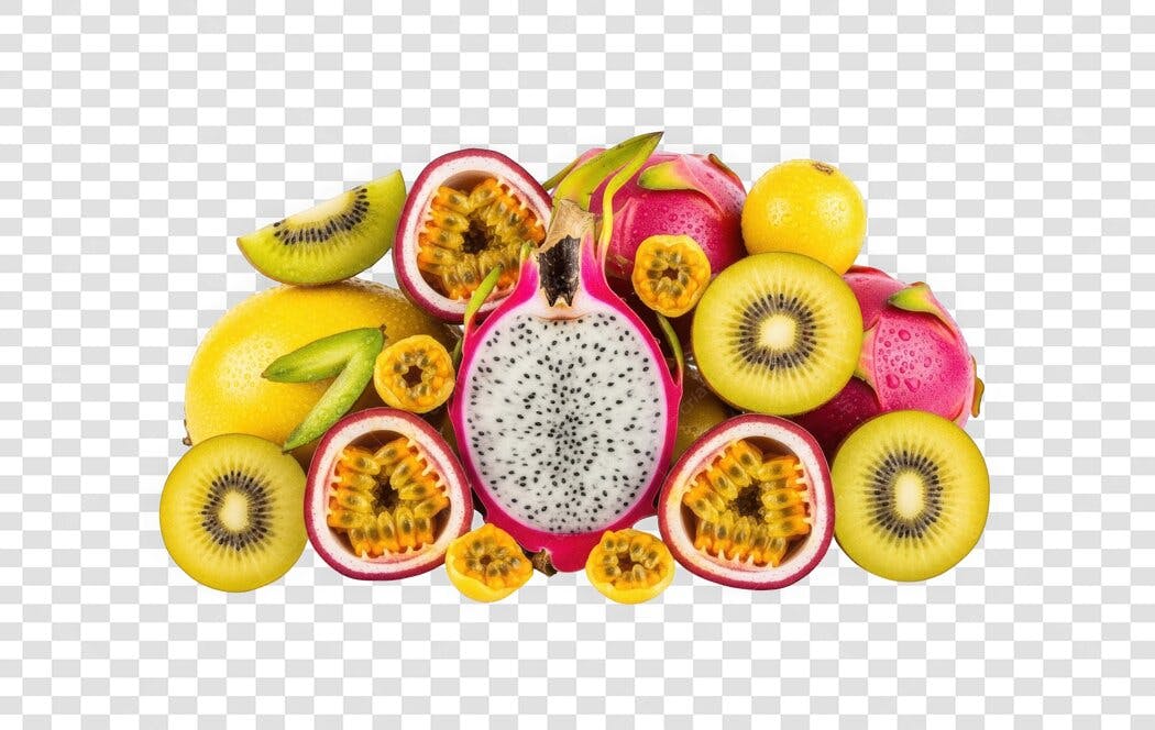 Foto Recortada Frutas Tropicais Pitaya Maracujá Kiwi PNG Fundo Transparente