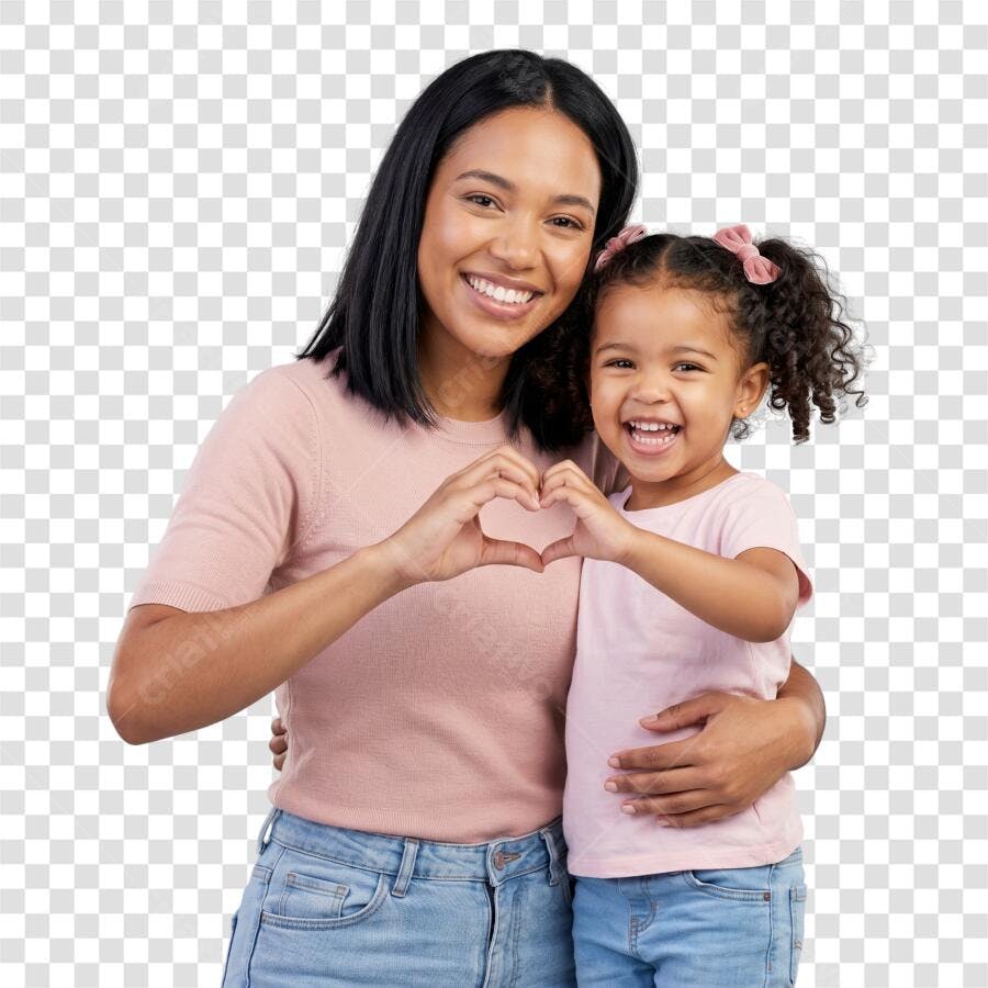 Foto Recortada Mãe e Filha Coração Dia das Mães Maio PNG Fundo Transparente