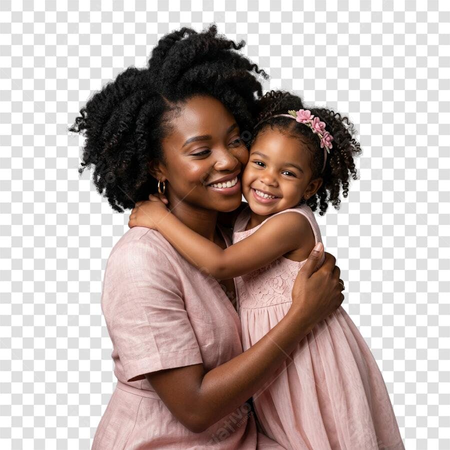 Foto Recortada Mãe e Filha Negra Abraçadas Dia das Mães Maio PNG Fundo Transparente