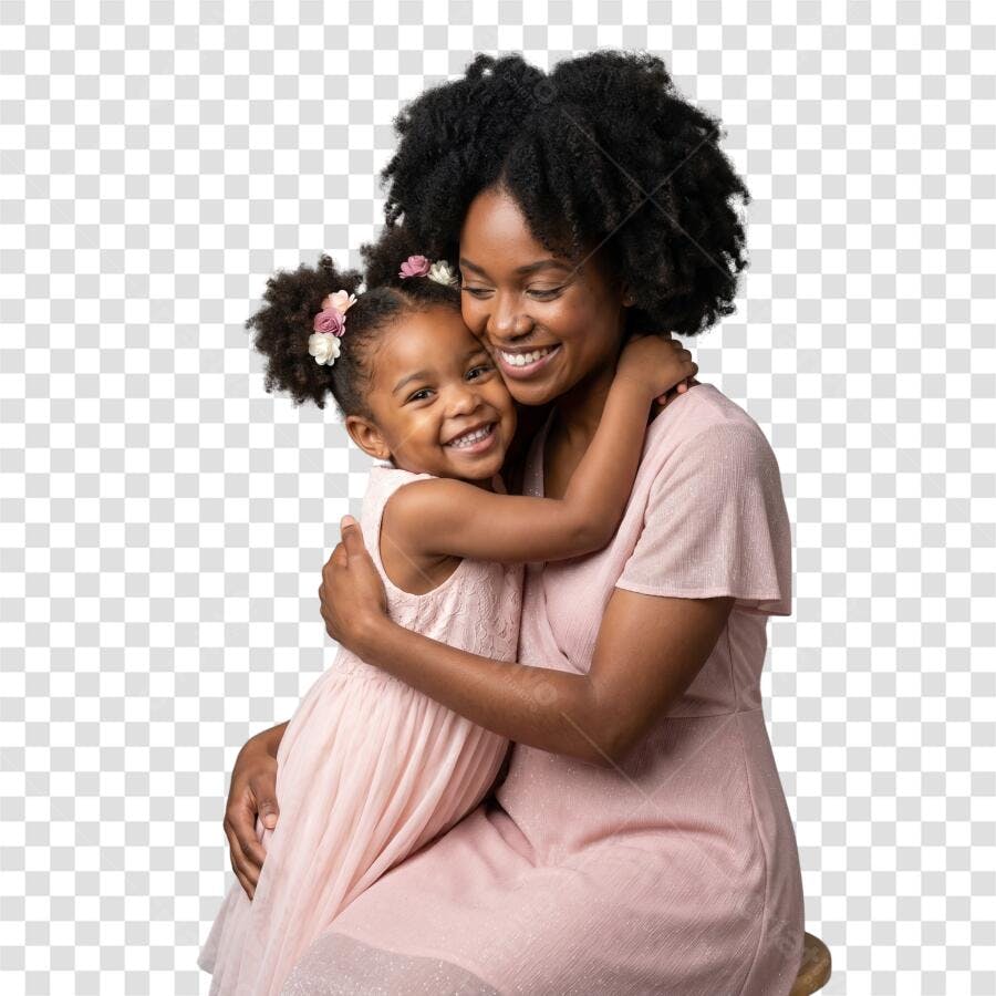 Foto Recortada Mãe e Filha Negra Abraçando Dia das Mães Maio PNG Fundo Transparente