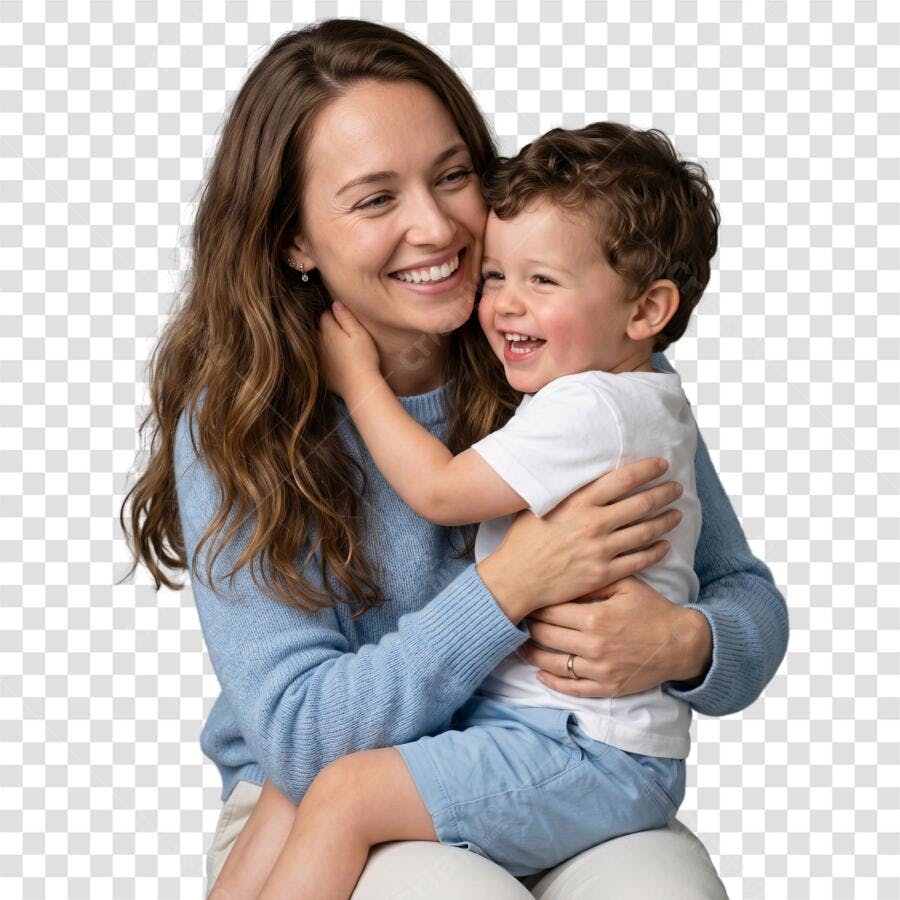 Foto Recortada Mãe e Filho Abraçados Sorrindo PNG Fundo Transparente