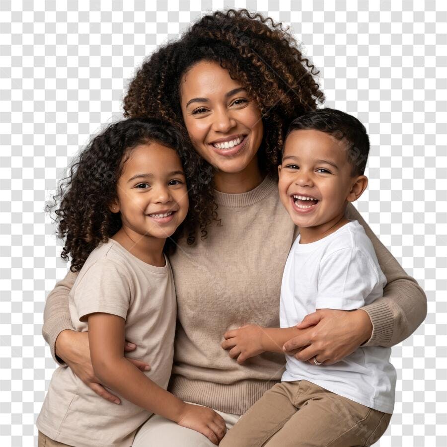 Foto Recortada Mãe e Filhos Negros Sorrindo PNG Fundo Transparente