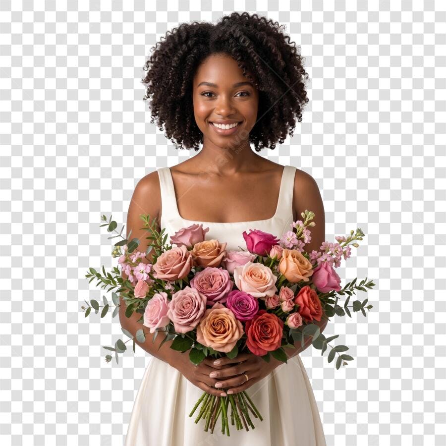 Foto Recortada Mulher Negra Buquê Flores Rosas PNG Fundo Transparente
