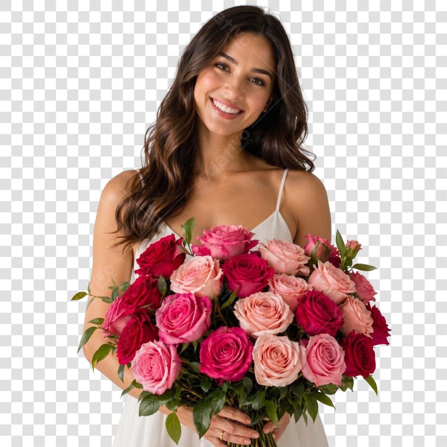 Foto Recortada Mulher Sorrindo Buquê Rosas PNG Fundo Transparente