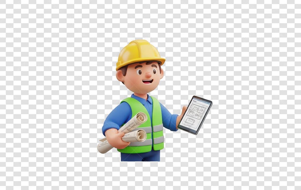 Personagem 3D Engenheiro Capacete Amarelo PNG Fundo Transparente