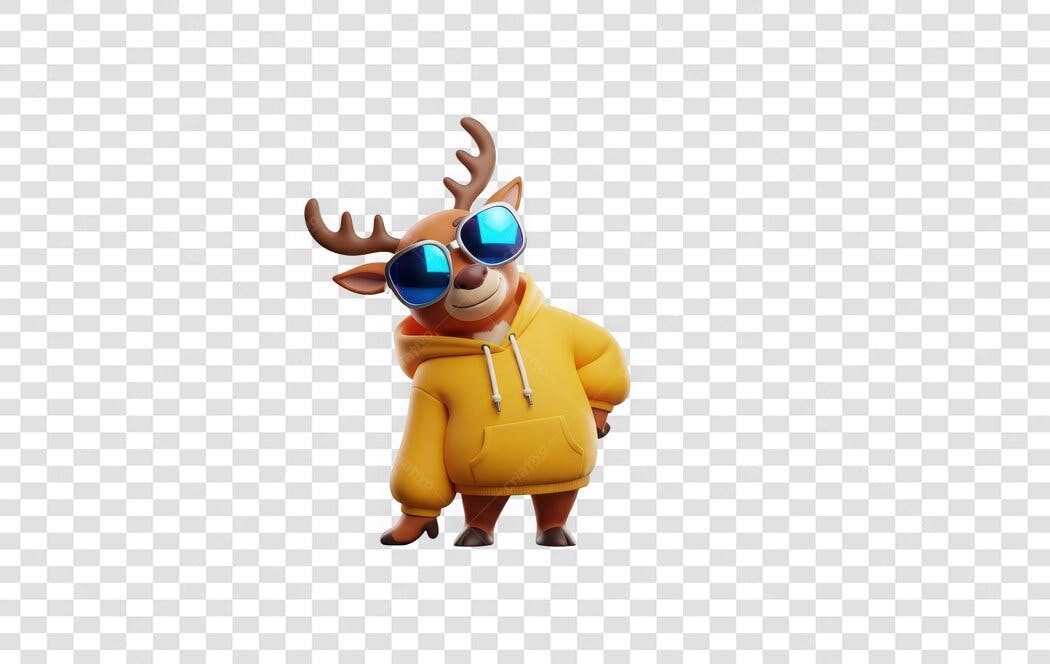 Personagem 3D Rena Óculos Amarelo PNG Fundo Transparente