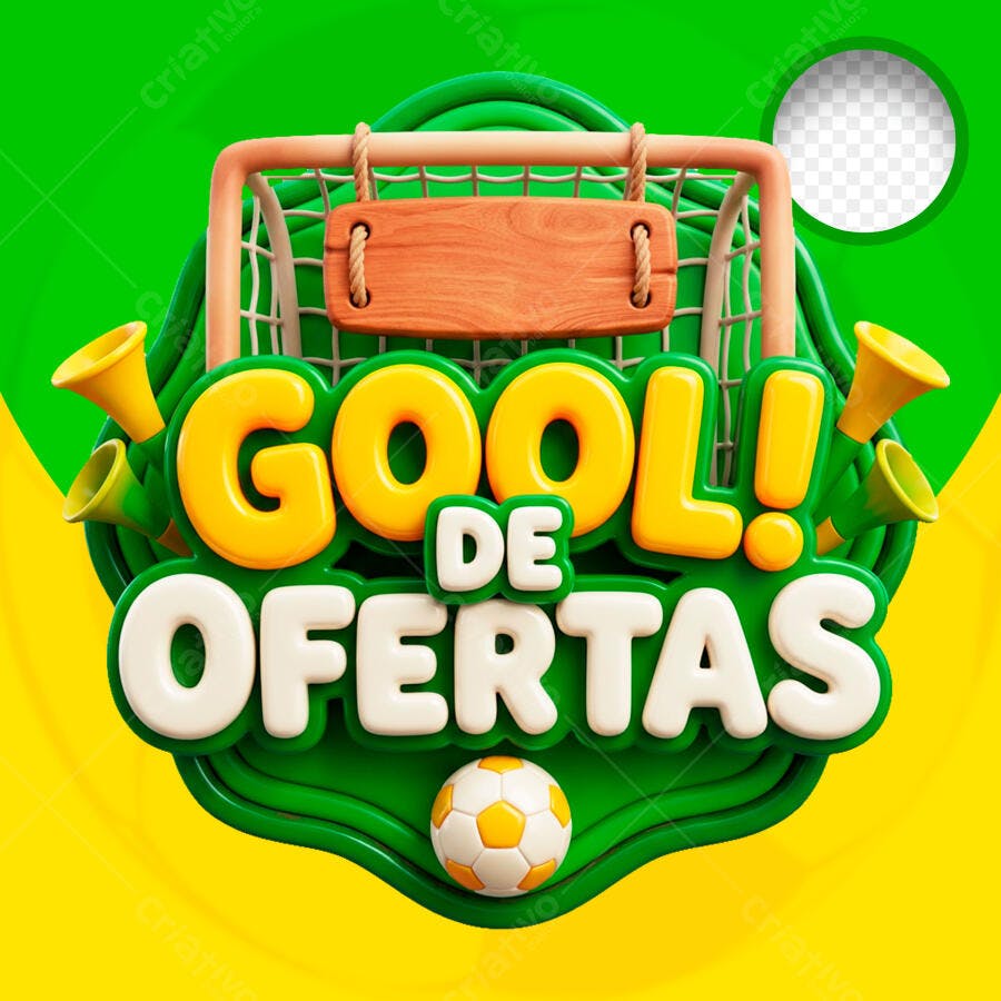 Badge 3D Gool de Ofertas Futebol Verde e Amarelo PNG Transparente