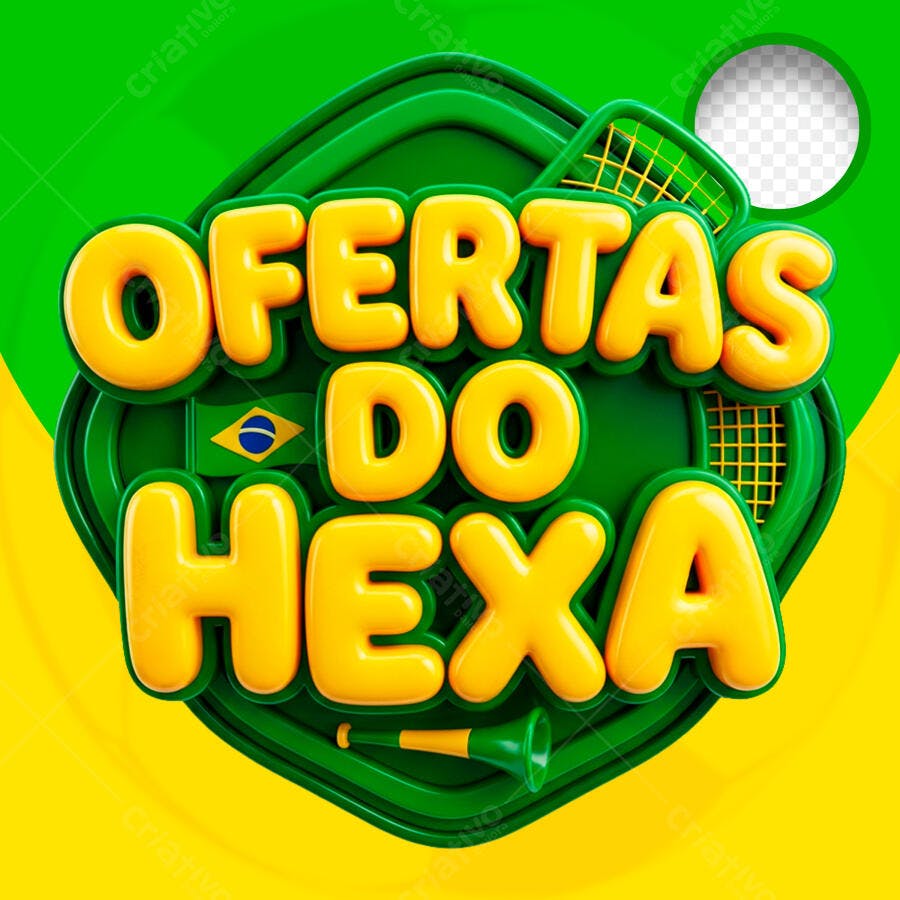 Badge 3D Ofertas do Hexa Brasil Verde Amarelo PNG Transparente