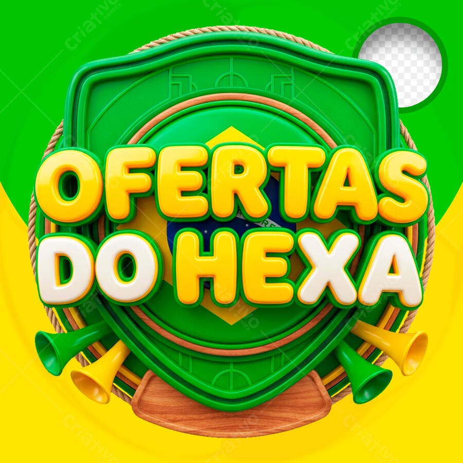 Badge 3D Ofertas do Hexa Brasil Verde e Amarelo PNG Transparente