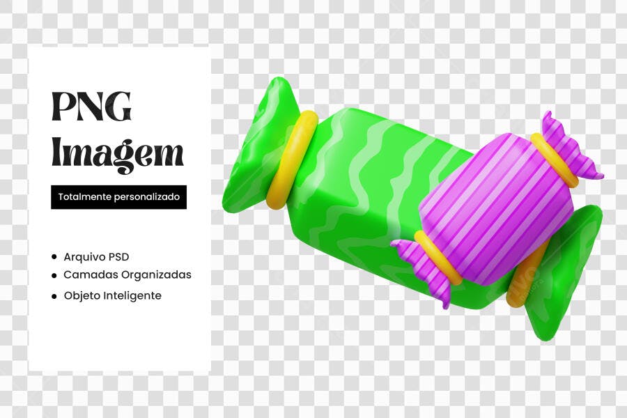 Elemento 3D Bala Doce Verde Roxa PNG Fundo Transparente