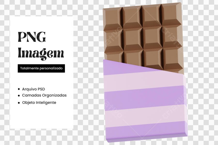 Elemento 3D Barra Chocolate Embalagem Lilás PNG Fundo Transparente