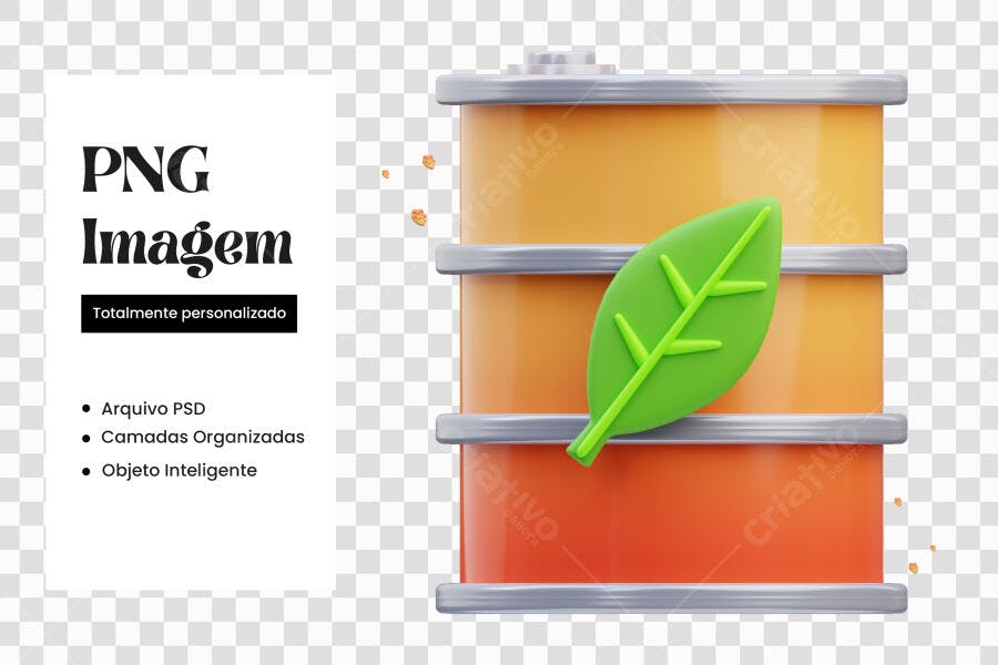 Elemento 3D Bateria Ecológica Folha Verde PNG Fundo Transparente