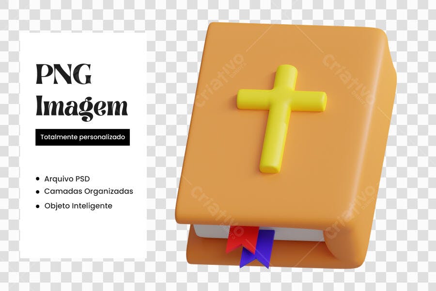 Elemento 3D Bíblia Sagrada Cruz Amarela PNG Fundo Transparente