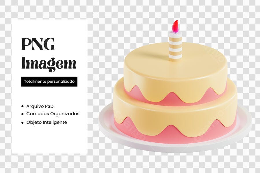 Elemento 3D Bolo Aniversário Vela Rosa Amarelo PNG Fundo Transparente