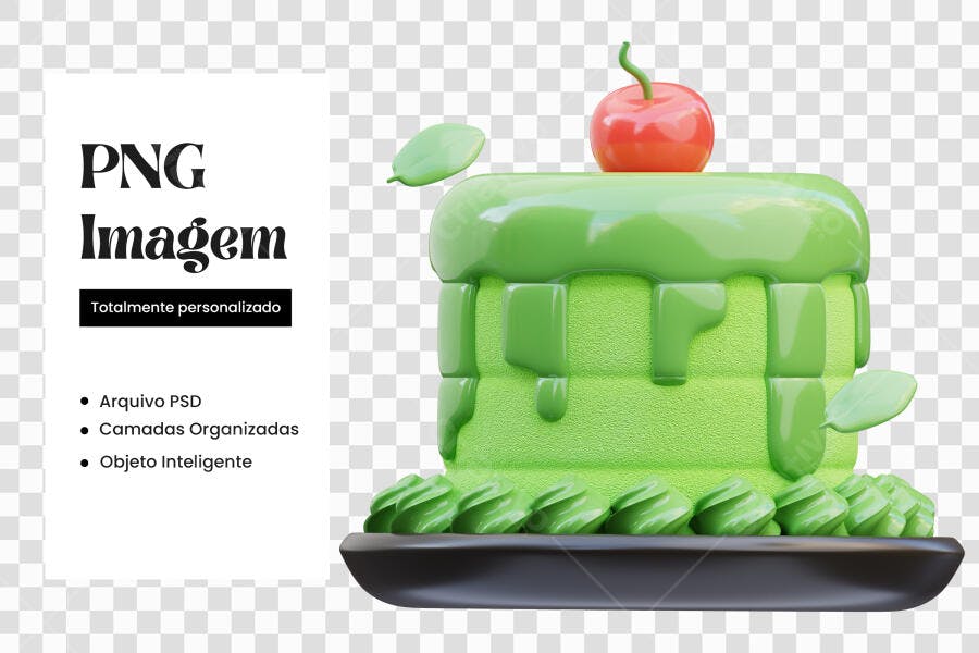 Elemento 3D Bolo Verde Cereja Confeitaria PNG Fundo Transparente
