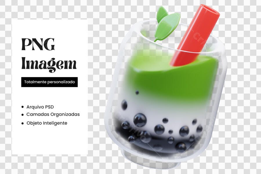 Elemento 3D Bubble Tea Chá Verde com Canudo PNG Fundo Transparente