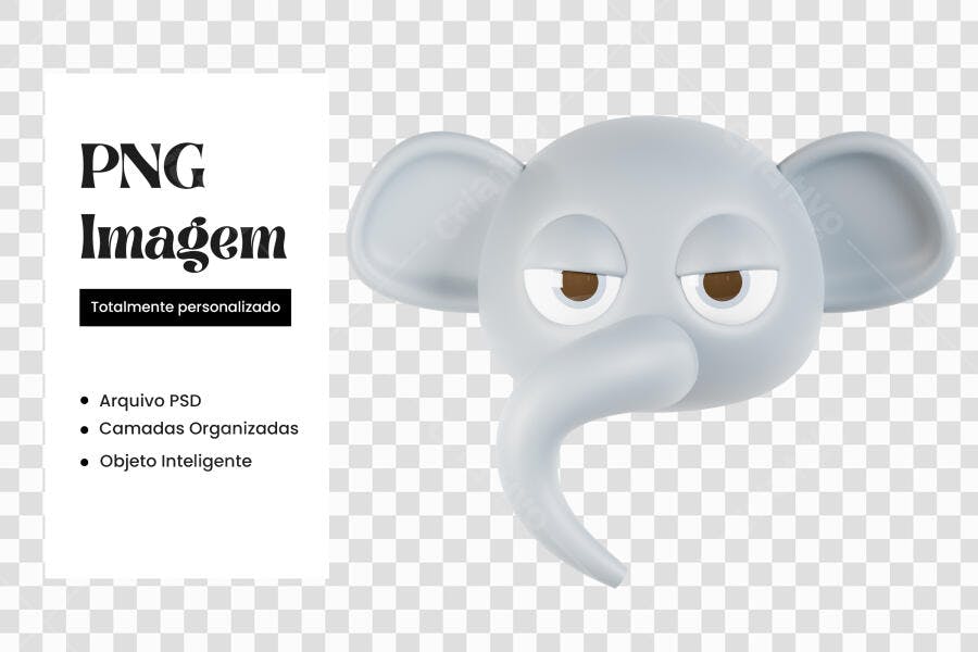 Elemento 3D Cabeça Elefante Cartoon Cinza PNG Fundo Transparente