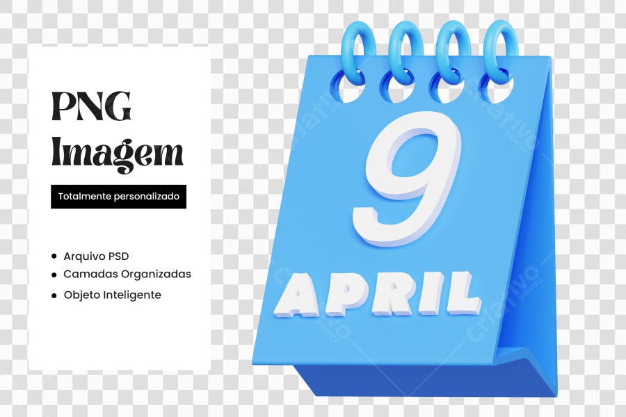 Elemento 3D Calendário Azul 9 Abril PNG Fundo Transparente