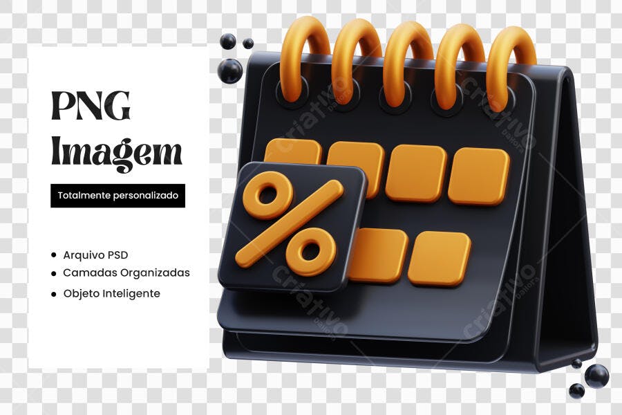Elemento 3D Calendário Desconto Oferta Preto Laranja PNG Fundo Transparente