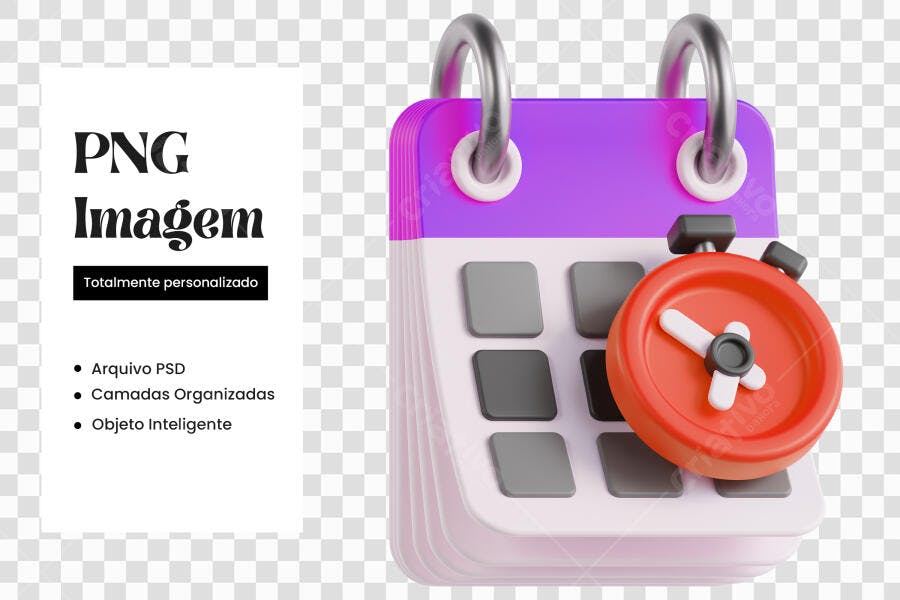 Elemento 3D Calendário e Cronômetro Roxo Laranja PNG Fundo Transparente