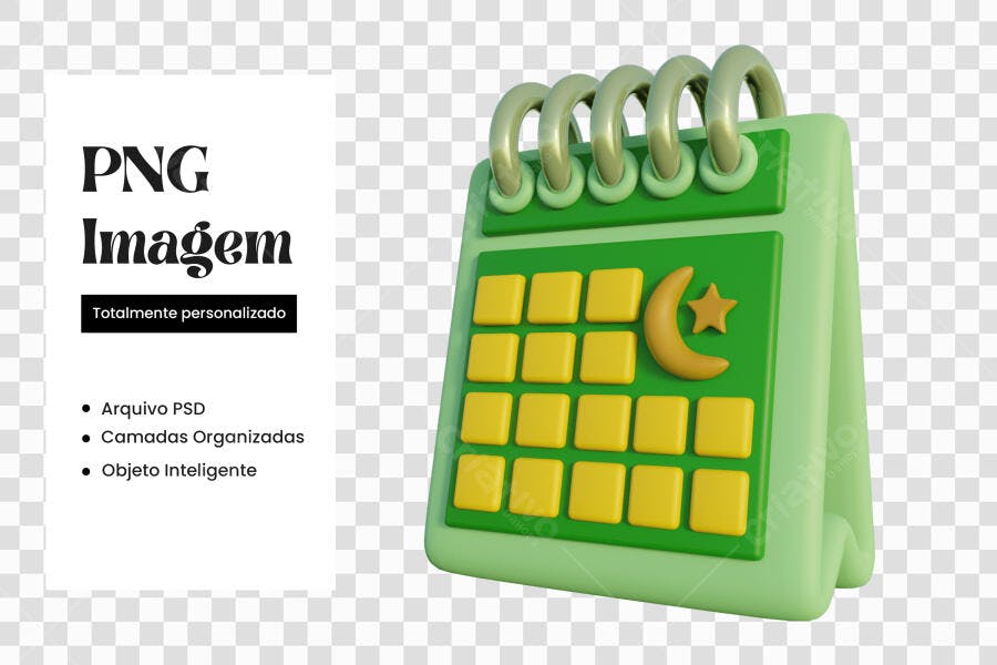 Elemento 3D Calendário Islâmico Verde Amarelo PNG Fundo Transparente