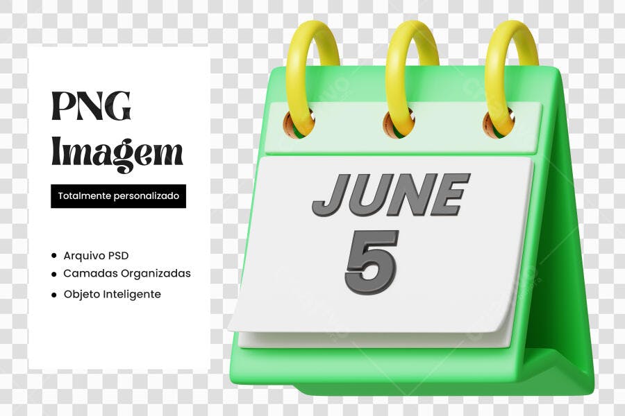 Elemento 3D Calendário Junho 5 Verde Amarelo PNG Fundo Transparente