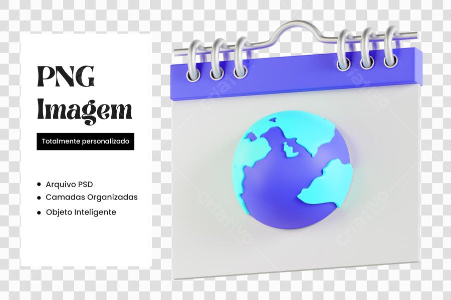 Elemento 3D Calendário Terra Azul Roxo PNG Fundo Transparente
