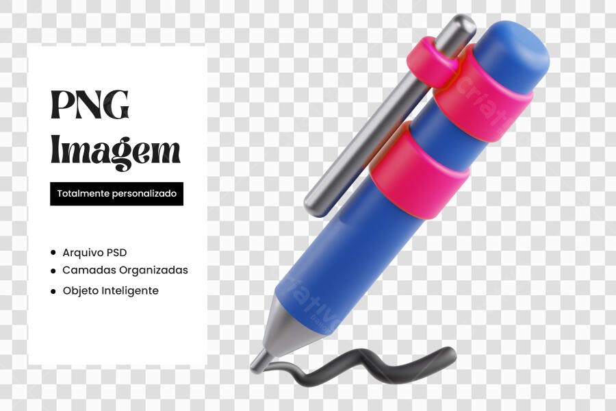 Elemento 3D Caneta Esferográfica Azul Rosa PNG Fundo Transparente