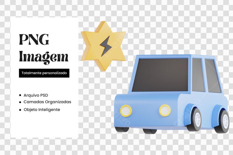 Elemento 3D Carro Azul Elétrico Estrela PNG Fundo Transparente