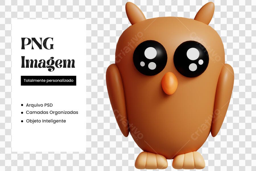 Elemento 3D Coruja Marrom Olhos Grandes PNG Fundo Transparente