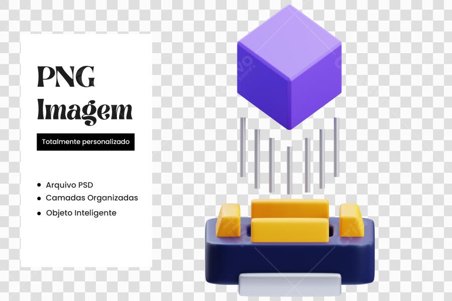 Elemento 3D Cubo Roxo e Base Amarela PNG Fundo Transparente
