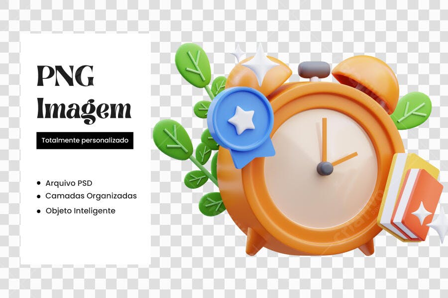 Elemento 3D Despertador Laranja Estudo PNG Fundo Transparente