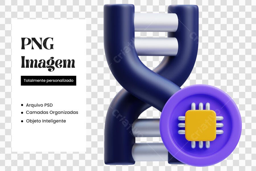 Elemento 3D DNA e Chip Tecnologia Azul Roxo PNG Fundo Transparente