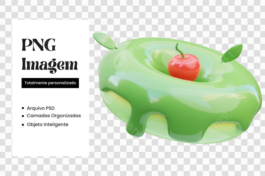 Elemento 3D Donut Verde Cereja Decoração PNG Fundo Transparente