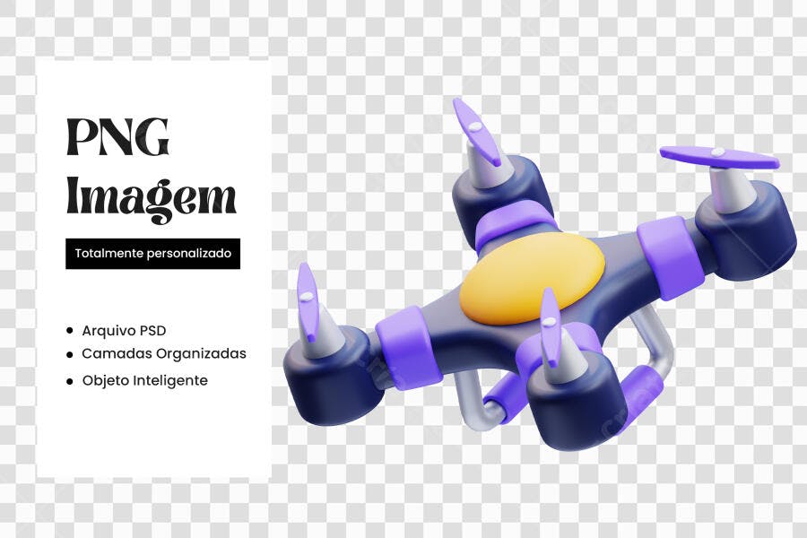 Elemento 3D Drone Roxo Amarelo Tecnologia PNG Fundo Transparente