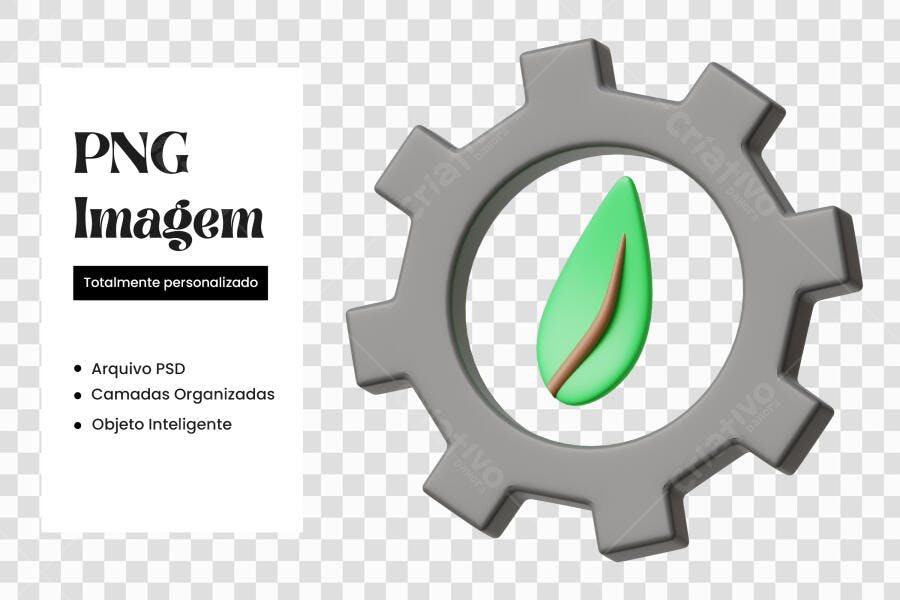 Elemento 3D Engrenagem Folha Verde Sustentabilidade PNG Fundo Transparente
