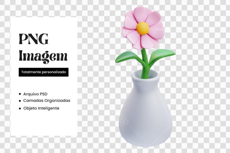 Elemento 3D Flor Rosa Vaso Branco PNG Fundo Transparente