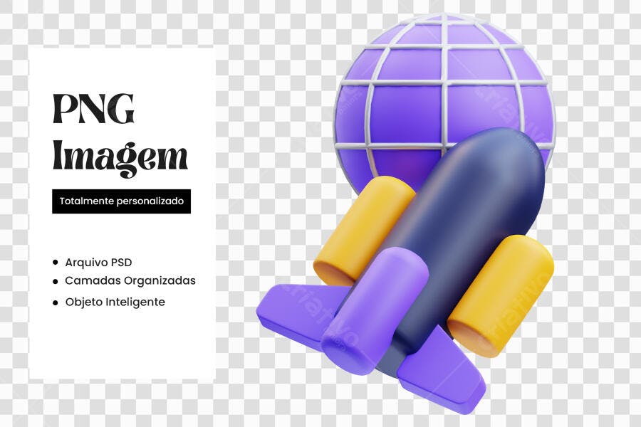 Elemento 3D Foguete Lançamento Global Roxo Amarelo PNG Fundo Transparente