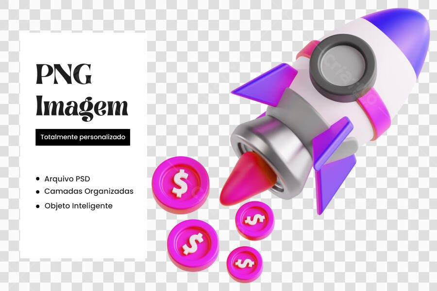 Elemento 3D Foguete Lançamento Moedas Dólar PNG Fundo Transparente
