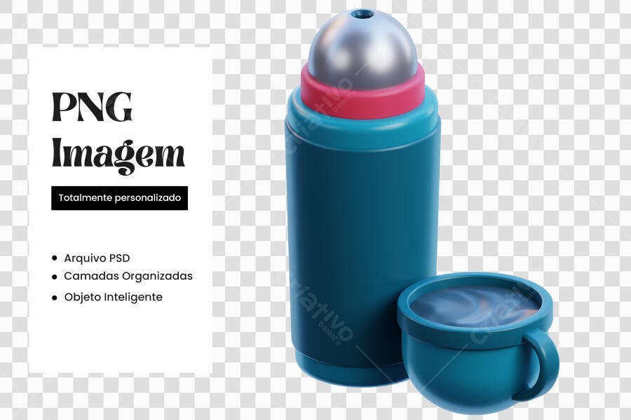Elemento 3D Garrafa Térmica Caneca Azul PNG Fundo Transparente